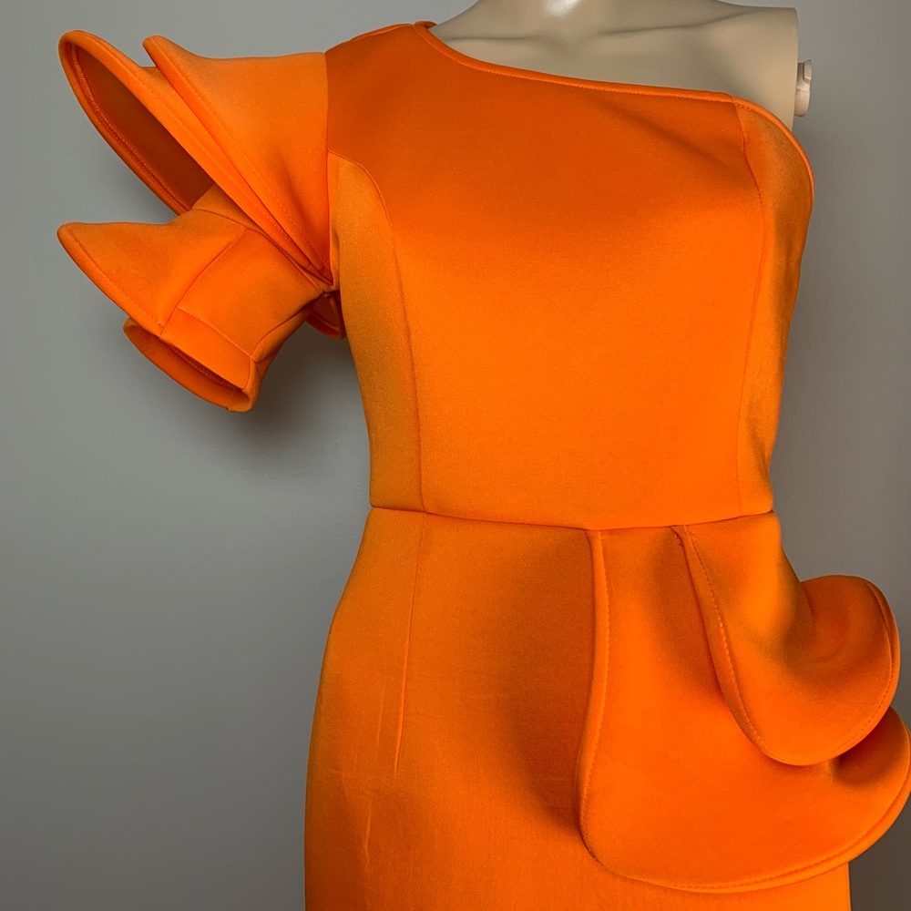 AOMEI Women’s Orange One Shoulder Irregular Sleeve Bodycon Knee Length Dress